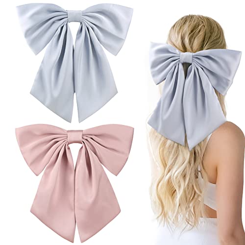 2Pcs Big Satin Hair Bows For Women Girls 10 Inch Barrette Hair Clip Long Pink Blue Silk Ribbon Bride Wedding Bows French Style Hair Accessories (Pink+Blue) #TOP13
