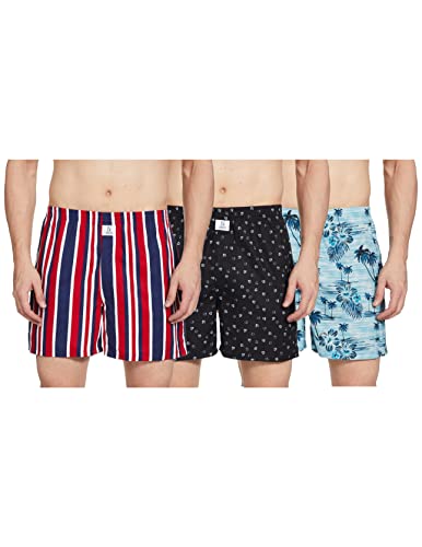 Image of Longies Men's Pure Cotton Boxers (Pack of 3) (LGBOXPO3388 Black,Mullti Stripe,Sky Blue3388 L)