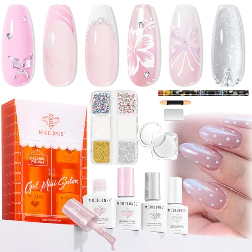 modelones Gel Nail Polish Kit Cat Eye Jelly Pink White Sheer Nude French Gel Polish Set, Pearl Chrome Powder Flatback Rhinestones Pearls, 4 Colors Gel Mini Salon Home DIY Trend Manicure Gift for Women