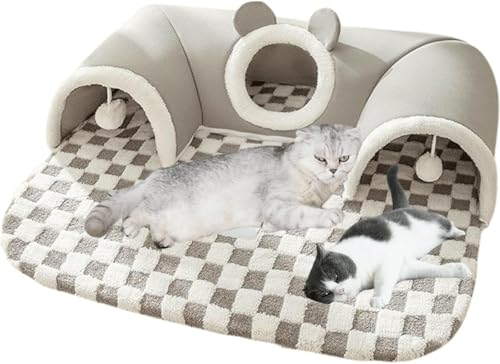 YelaJoy Cat Tunnel Bed Indoor - 2-in-1 Peekaboo Cave Bed for Multiple Cats & Small Animals Washable Kitty Tube with Hanging Balls Medium (M 5-12lbs)