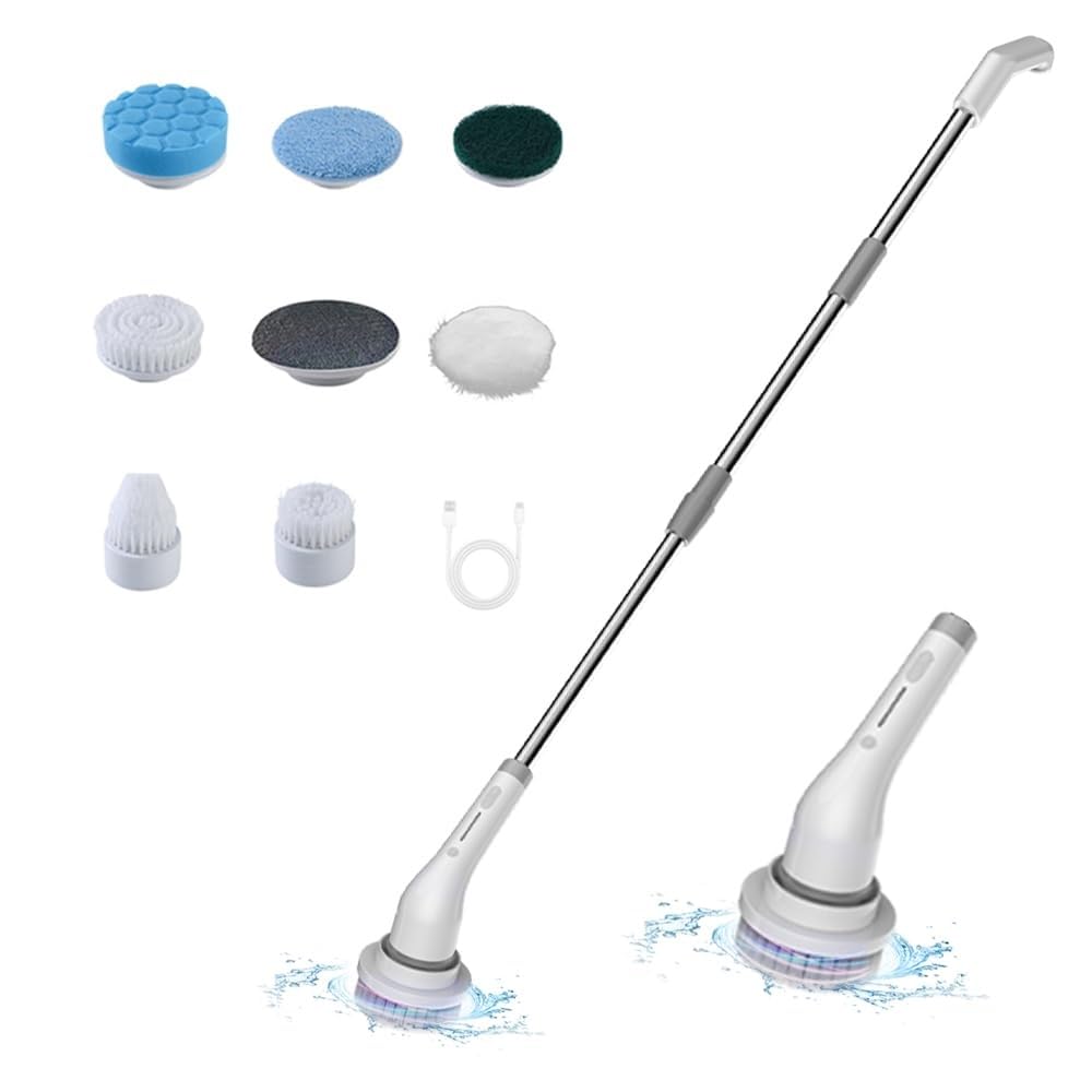 Fregadora Giratoria Eléctrica Inalámbrica, Cepillo De Limpieza Retráctil Eléctrico Multiusos Con 7 Cabezales De Cepillo Reemplazables Y Brazo De Extensión Ajustable For Baño, Piso, Ducha, Fregadero, V