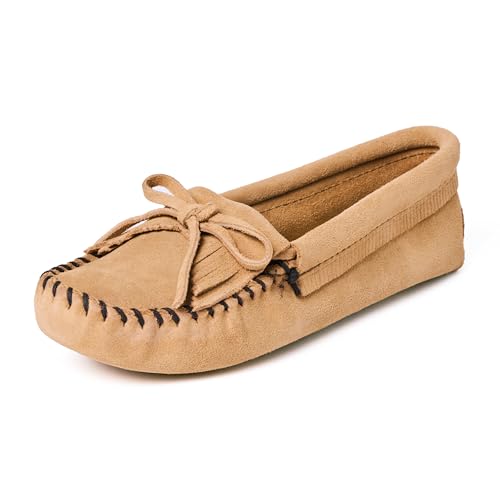 Minnetonka Women's Kilty Suede Soft Leather Sole Moccasin,Taupe,7 M US