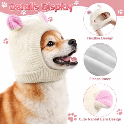 Image of Frienda Dog Ear Muffs Noise Protection, Neck 14.96 Inch Fits Medium Dogs, Knitted Calming Hood for Dogs, Fireworks Thunder Anxiety Relief, Fleece Inner Warm Beanie Hat(Milk White)