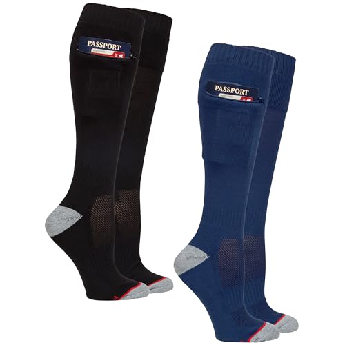 Zip It Gear Passport Anti Pickpocket Socks w/Hidden Pocket - Anti Theft Travel Security Over the Calf Knee High Socks for Men & Women - Medium (Black/Navy Pack of 2)