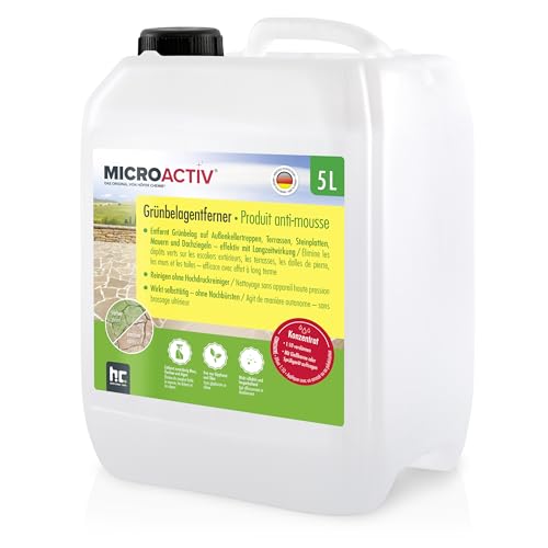 MICROACTIV® Nettoyant Pierre et Anti-Mousse Concentré 1 x 5L - Destructeur de Dépôts Verts, Algues et Lichens pour Terrasse, Mur, Toiture - Formule...
