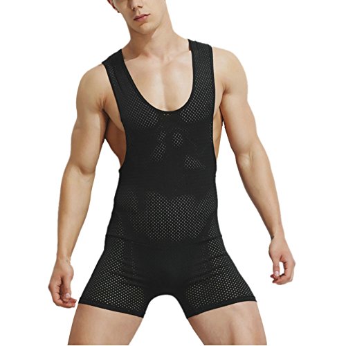 Livingly Light Men's Mesh Tank top One Piece Wrestling Singlet Bodysuit Leotard Underwear (Black_mesh, M)
