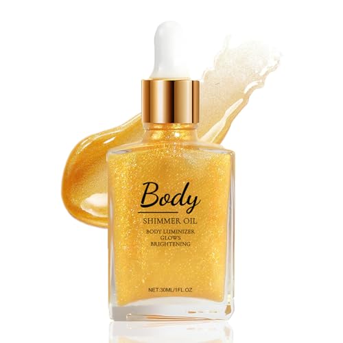 Olio glitterato illuminante per il corpo, olio glitterato illuminante per il viso, Long Lasting Shine Illuminating Cheek Lip Makeup, Body Glow Shimmer Lotion, 30 ml (golden)