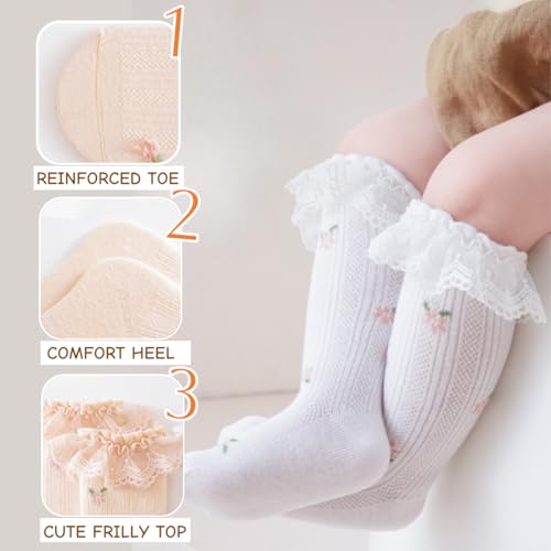 4 Pairs Baby Toddler Girls Princess Frilly Socks, Summer Ruffle Soft Cotton Thin Mesh Socks for Dress, 0~8T3