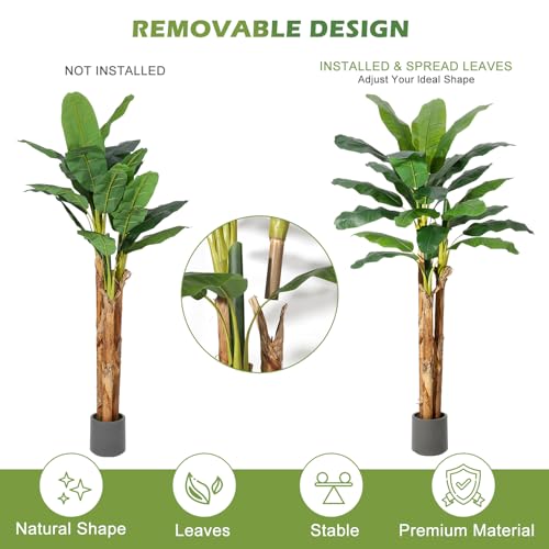 GarveeHome Artificial Banana Tree, 7FT Faux Banana Tree with Grey Planter, Artificial Plants with 24 Faux Banana Leaves Plant for Home Office Decor