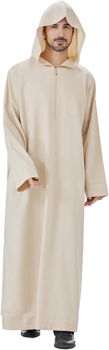 Men's Muslim Middle Eastern Men Long Sleeves Hooded Pure Color Zipper Robe Jubba Thobe (Beige, Small)