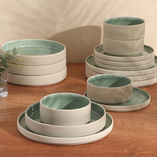Image of Gibson Elite Liberty Bay 16-Piece Pottery Clay Stoneware Dinnerware Set - Mint Green Reactive Glaze, Stackable Plates and Bowls W /Pasta Bowl, Service for 4 - Microwave & Dishwasher Safe