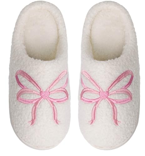 Cute Embroidered Bow Slippers Women Winter Warm Indoor House Shoes Ribbon Towel Embroidery Cozy Plush Memory Foam Multiple Bow Styles