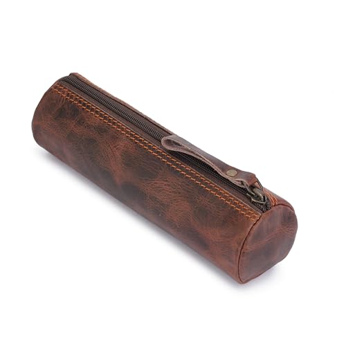Image of Round Leather Zipper Pencil Case - Full Grain Handmade Pen, Marker & Sketch Pouch, Compact Tube-Shaped Organizer for Office & Travel, Premium Small Tool Holder for Adults - Brown