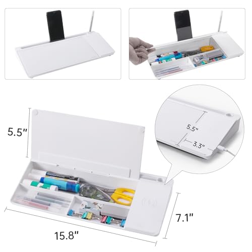Image of Small Glass Desktop Whiteboard Dry-Erase-Board - Computer Keyboard Stand with Wireless Charger White Board Surface Pad with Drawer, Desk Organizers with Accessories for Office, Home, School Supplies