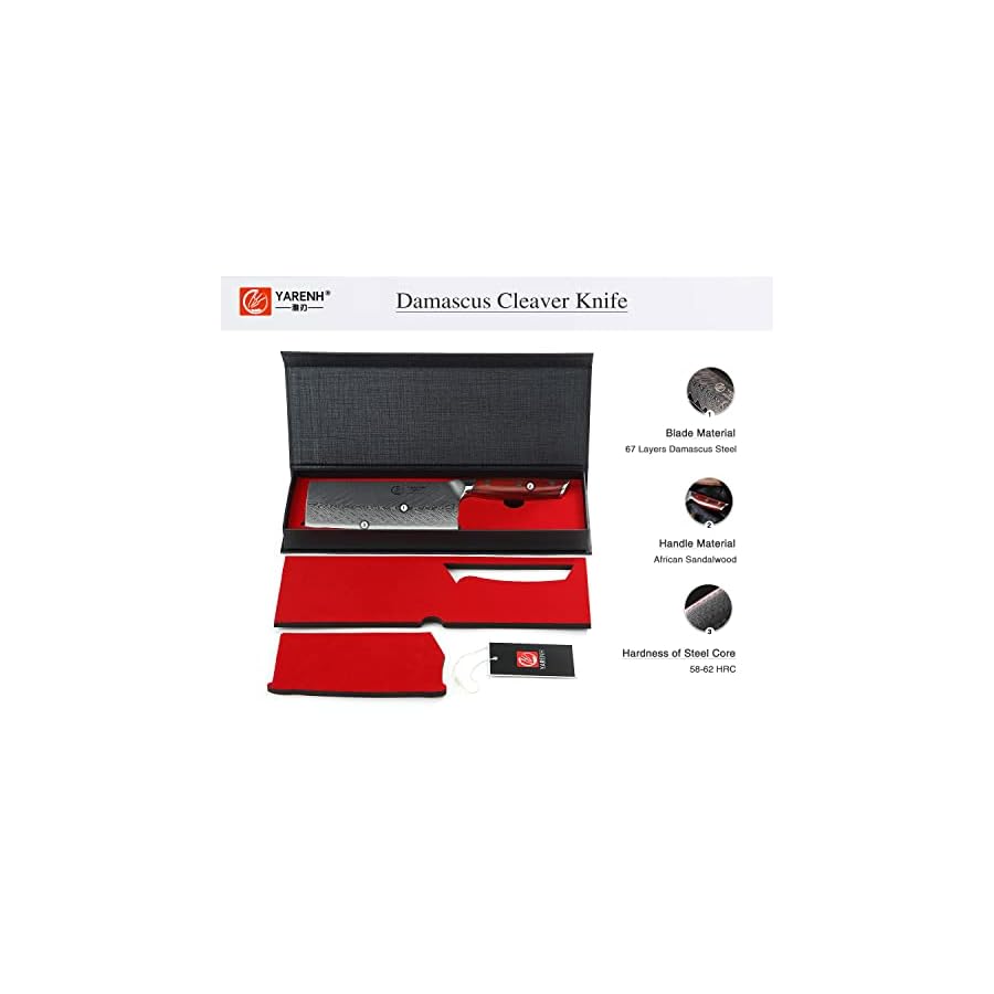 YARENH-Chinese-Cleaver-Knife-7-inch-Professional-Kitchen-Knife-Damascus-Steel-Blade-67-Layers-African-Sandalwood-Handle-Suitable-for-Cutting-Vegetables-and-Meat-Gift-Box-Packaging-KTF-Series YARENH Chinese Cleaver Knife 7 Inch - Damascus Chef Knife for Kitchen,67 Layers High Carbon Stainless Steel,Sharp, Durable, Rust Resistant, Gift Box, African Sandalwood Handle