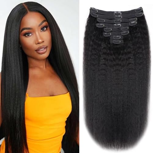 Tahikie Kinky Straight Human Hair Clip in Extensions 120g Full Head Clip ins for Women 100% Unprocessed Brazilian Virgin Human Hair Yaki Straight Clip ins Remy Hair Natural Black 8Pcs 18Clips 30inch
