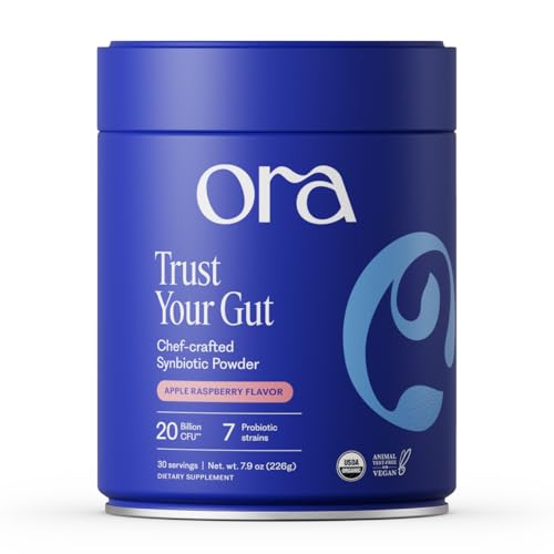 Ora Organic Prebiotic and Probiotic Powder Supplement - 20 Billion Probiotics 7 Strains for Best Prebiotic Powder Non-GMO Probiotics for Women Men & Kids - Apple Raspberry Flavor 30 Servings