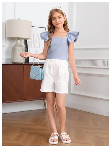 OYOANGLE Girl's Square Neck Ruffle Sleeve Crop Blouse Smocked Solid Slim Fit Tee Top3