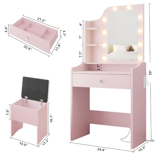 Image of LIKIMIO Small Vanity Desk with Mirror Lights and Storage Stool, Pink