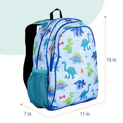 Image of Wildkin 15 Inch Backpack for Kids, Dinosaur Land | Ages 5-10, padded straps, side water bottle pocket - coordinates with matching Wildkin lunch boxes and water bottles
