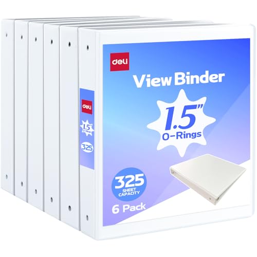 Deli 1.5-inch 3 Ring Binder with 2 Interior Pockets 325 Sheets Capacity 1.5 inch Binders fits 11 x 8.5 US Letter Size White 6 Pack