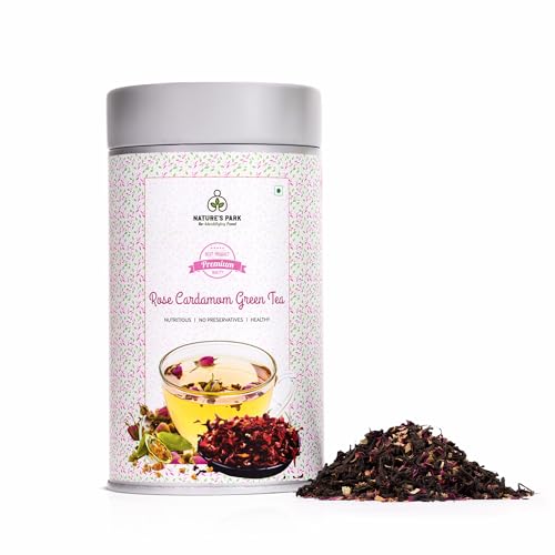Image of Nature's Park - Rose Cardamom Green Tea - 100g - Natural Stress Reliever, Skin & Hair Health with Antioxidants - Made with 100% Loose Leaf, Natural Cardamom & Rose Petals - Herbal Tea