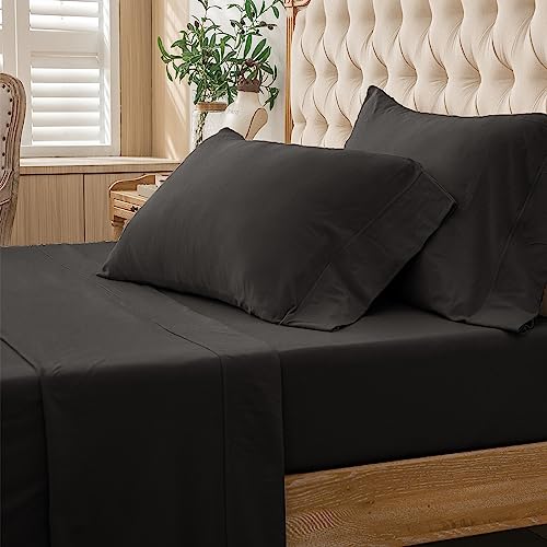 PURE ERA Jersey Knit 4pc Bed Sheet Set 100% T-Shirt Cotton Super Soft Comfy Breathable Fits Mattress Up to 20" Extra Deep Pocket (Solid Black, King)
