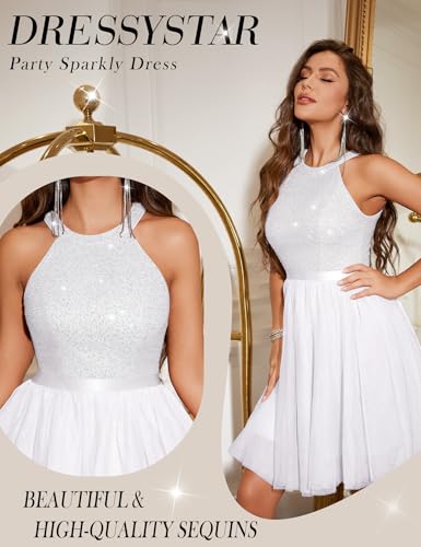 Image of Dressystar Sparkly Sequin Halter Tulle Short Cocktail Dress for Women | Elegant sleeveless formal midi dress, A-line tulle hem, wedding guest, homecoming prom and parties