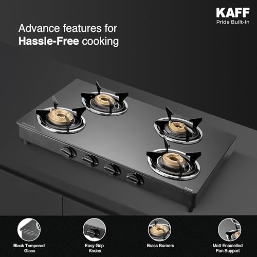 Image of KAFF CTC 69 4B Gas Stove /Cooktop 4 Burners with Manual Ignition 69 CM, High Efficiency Brass Burners, Black Tempered Glass, Enamelled Pan Support (Black)