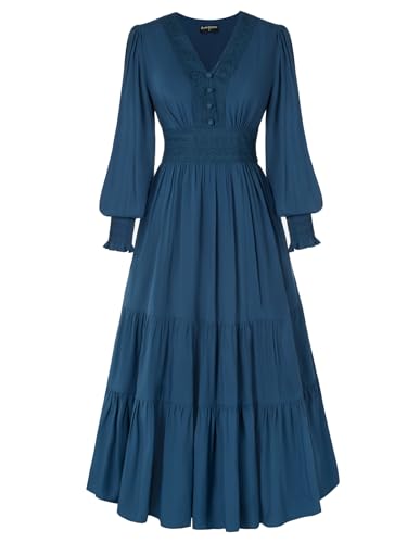 Mittelalter Damen V-Ausschnitt Langes Kleid Vintage Style Plissierte Taille Kleider Dunkelblau L