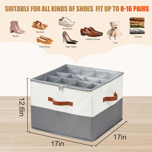 2PCS Shoe Storage Organizer for Closet Fits 16 Pairs, Large Foldable Shoe Storage Boxes Bins, Fabric Shoe Box Storage Containers with Clear Cover, Adjustable Dividers, 3 Handles for Shoes (Gray,Beige)
