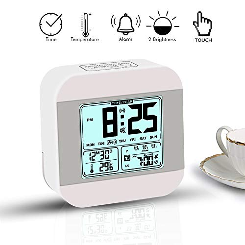 Pomisty Réveil Numérique LED Réveil Numérique - Luminosité Réglable Alarme Clock - Horloge Numérique - Affichage LED avec Date/Semaine/Température/Humidité, 12/24H Conversion, 7 Tons, Mode et Durable
