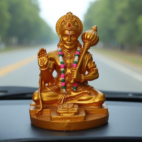 Image of UNOVATE Lord Hanuman Idol for Car Dashboard, Home, Office Desk - Hanuman Murti for for Pooja, Temple Showpiece, Decoration, Festivals and Gifting. (9cm, Golden Colour with Coloured mala)