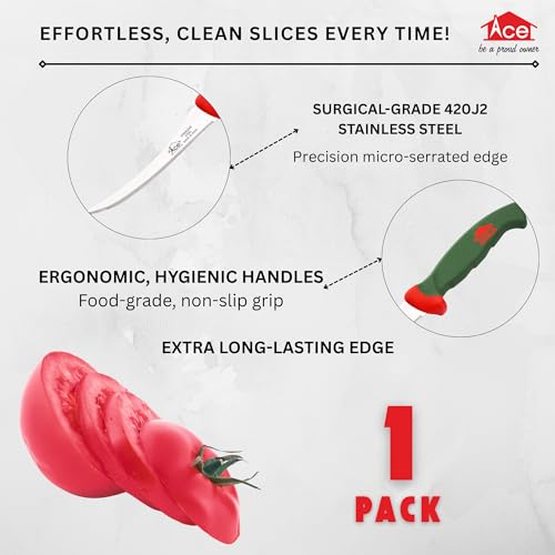 Image of AcE Tomato Knife Set - 1 Pack, Serrated Tomato Slicer, 420J2 Surgical Stainless Steel, 54?55 HRC, Long-Lasting Edge, Multicolor Hygienic Ergonomic Handles