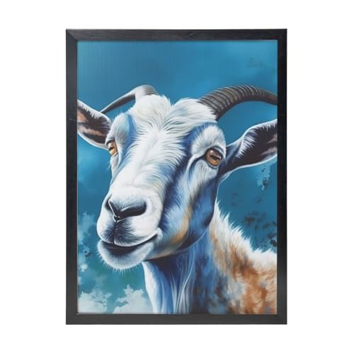 Framed Wall Art - Decorative Canvas Painting Blue Goat Print Pictures Poster Aesthetic Modern Prints Artwork for Bedroom Office Wall Decor Ready To Hang 12x16 in
