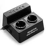 ISELECTOR Regleta de 2 Tomas con 5 Puertos USB de Carga, Regleta de Enchufes con Proteccin contra Sobretensiones y a Prueba de Nios, Base Enchufes Mltiples con Interruptor para Ordenadores, iPod, iPad, Tablets, Smartphones y Otros Dispositivos Ele