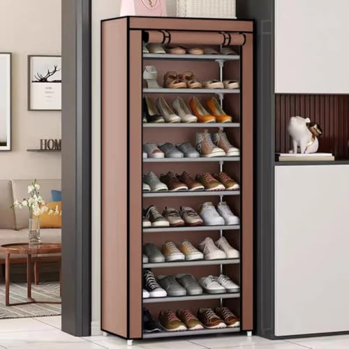 10-Tier Vertical Shoe Rack Organizer with Dustproof Non-Woven Cover, Space-Saving Shoe Storage Shelf for Entryway & Closet, Sturdy Metal Frame, Holds 20–30 Pairs, Brown (57×29×159 cm) by Generic - Used condition - Image 2
