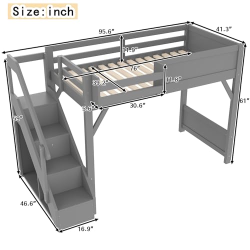 Image of KEIKI Solid Wood Twin Size Loft Bed Frame with Stairs Built-in Wardrobe | Twin Size Loft Bed with Storage Shelves, Full-length Guardrails, No Box Spring Needed for Bedroom, Dorm, Gery