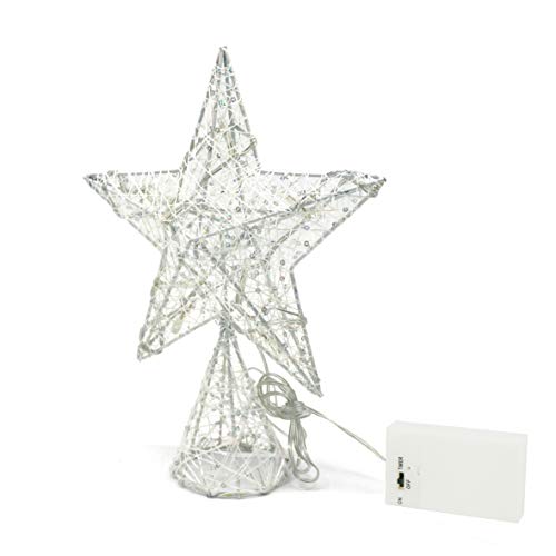 CVHOMEDECO. White Tree Top Star with Warm White LED Light and Timer for Christmas Tree Topper Ornament and Holiday Seasonal Decor, 8 x 10 Inch