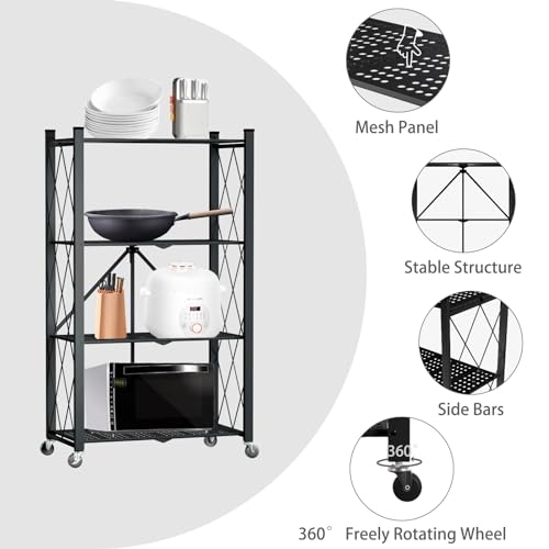 Image of 4 Tier Foldable Storage Shelf with Wheels, Metal Steel Collapsible Shelves | Heavy Duty Folding Shelf Loads 600 LBS, Rolling Standing Utility Rack for Kitchen, Pantry, Office, Black