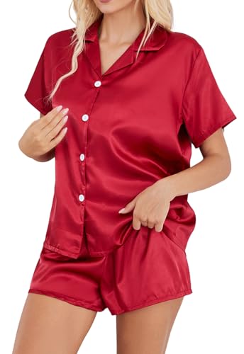 Image of Satin Pajamas for Women Solid Color, Silky PJs Set with Notch Neck & Adjustable Drawstring Shorts