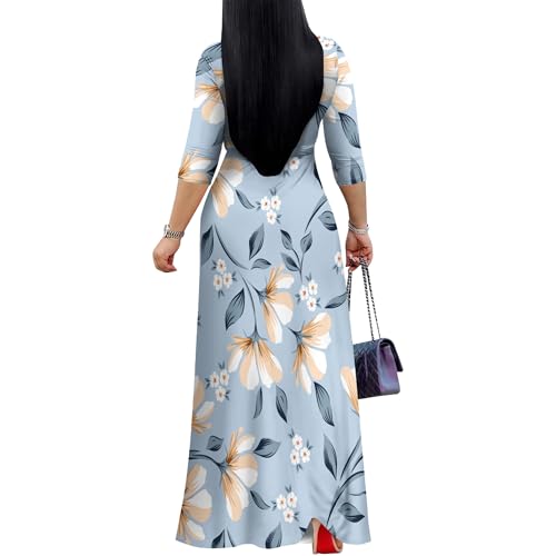 Image of Women's V Neck Floral Maxi Dress 3 /4 Sleeve Plus Size Boho Wrap Flowy Long Dresses with Belt