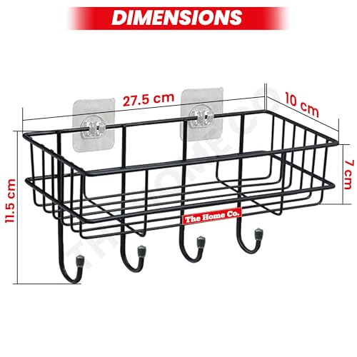 Image of The Home Co. No Drilling Self Adhesive Bathroom Shelf with 4 Hooks /Rack Organizer /Kitchen Shelf with Magic Stickers - Pack of 1 (Black, Powder Coated)