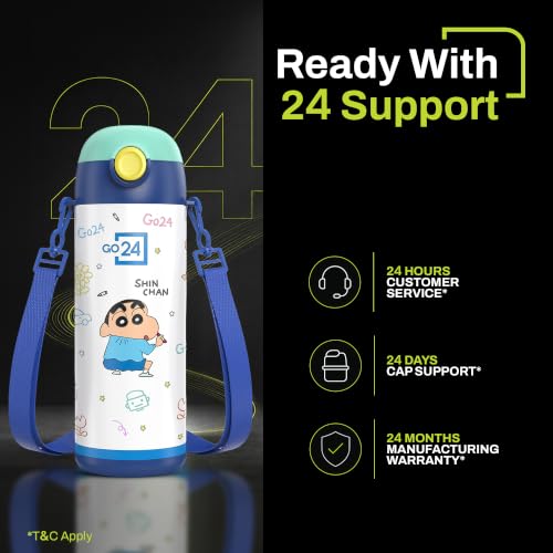 Image of Go24 pexpo Crayon Shinchan ISI Certified Stainless Steel Water Bottle for Kids - 300ml | Hot & Cold Vacuum Insulated Flask | Leak Proof | Carry Strap | School, Picnic - Denim Blue Little Artist