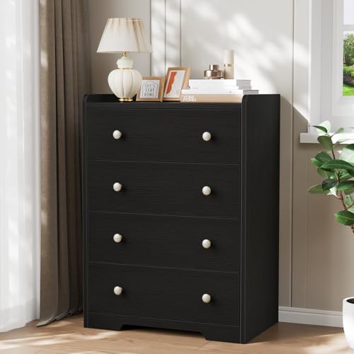 Furnulem 4-Drawer Dresser for Bedroom - Black Wood Chest of Drawers Closet Storage Cabinet Organizer for Bedroom, Living Room, Hallway & Office