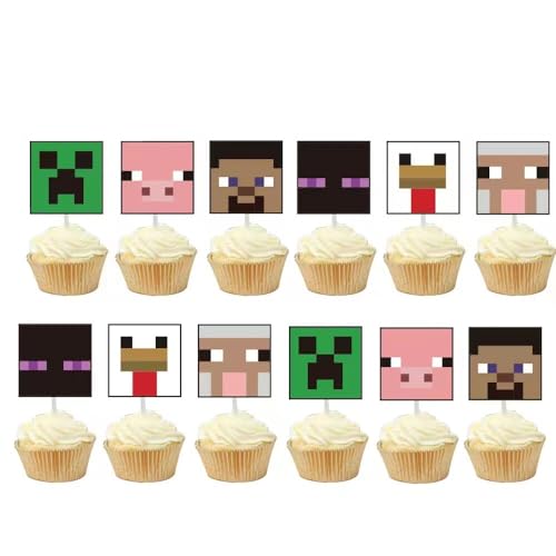 24 pixel game cake decorations, 24 pixel game cupcake decorations, pixel game themed party decorations.