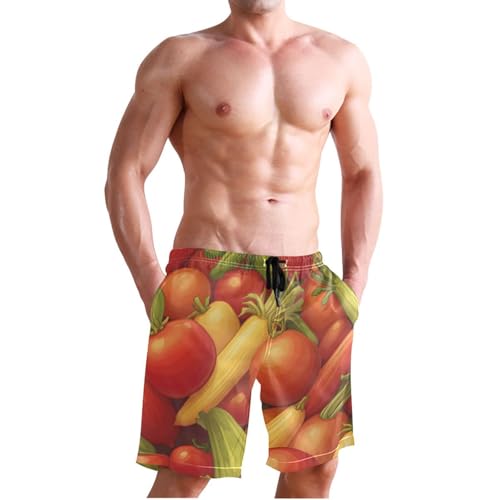 QUGRL Men's Beach Shorts Tomato Corn Cucumber Carrot Zucchini Quick Dry Swimwear Pants with Drawstring Casual Workout Shorts for Surfing Travel X-Large Multicolor