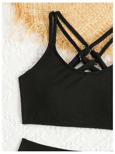 MakeMeChic Girl's Bikini Sets Criss Cross Spaghetti Strap Rib Knitted Bathing Suit3