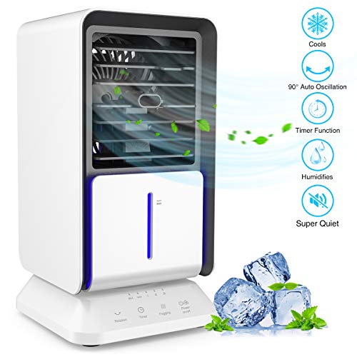 infray Portable Air Cooler, Mini Air Conditioner Personal Mobile Evaporative Cooler, 3 in 1 Space Cooler Table Fan, Humidifier, Purifier with Timer Function and Oscillating for Home Office Bedroom