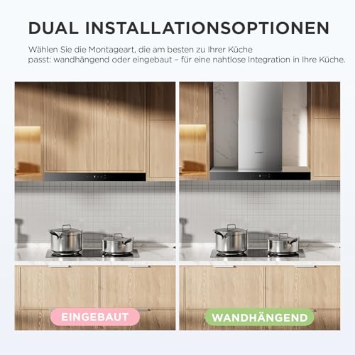 COMFEE' CHW 7.6M77A3 A+++ Dunstabzugshaube 60cm Umluft/Abluft, Abzugshaube mit 650m³/h Starker Saugleistung, 4 Geschwindigkeiten, Berührungssteuerung & Gestensteuerung, Wandhaube mit Aktivkohlefilter